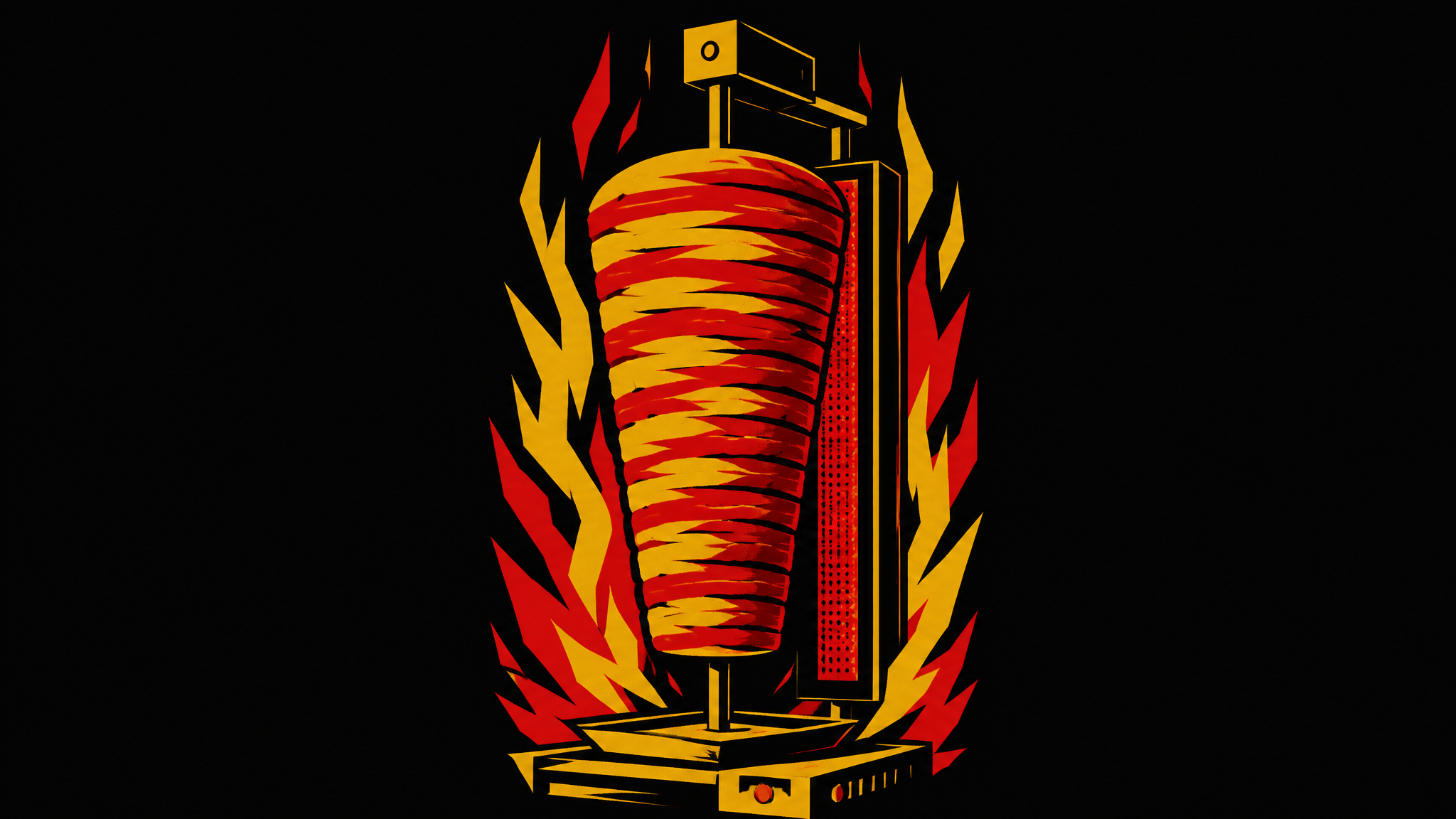 Super Berlin Döner graphic illustration of a flaming döner kebab spit